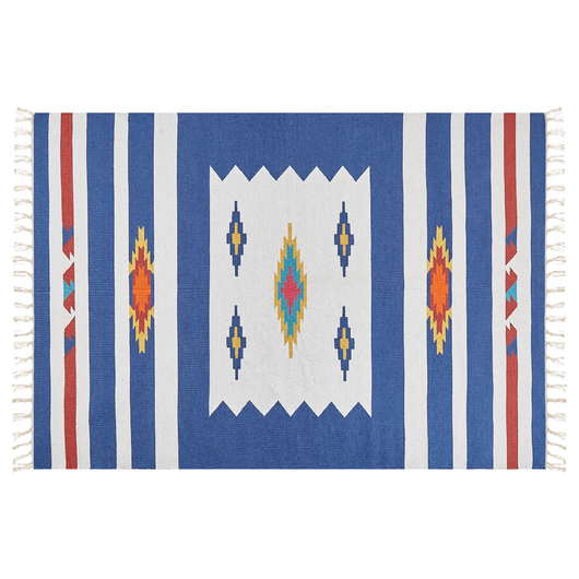 Tappeto Kilim multicolore in cotone 140 x 200 cm tessuto a mano a trama piatta reversibile con motivi geometrici e frange, tradizionale Boho, per il soggiorno e la camera da letto.