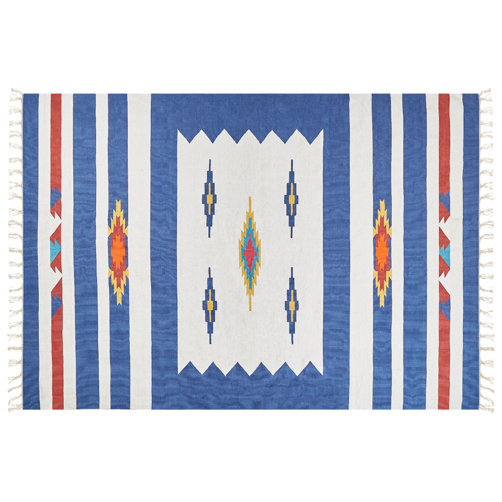 Tappeto Kilim multicolore in cotone 200 x 300 cm tessuto a mano a trama piatta reversibile con motivi geometrici e frange, tradizionale Boho, per il soggiorno e la camera da letto.