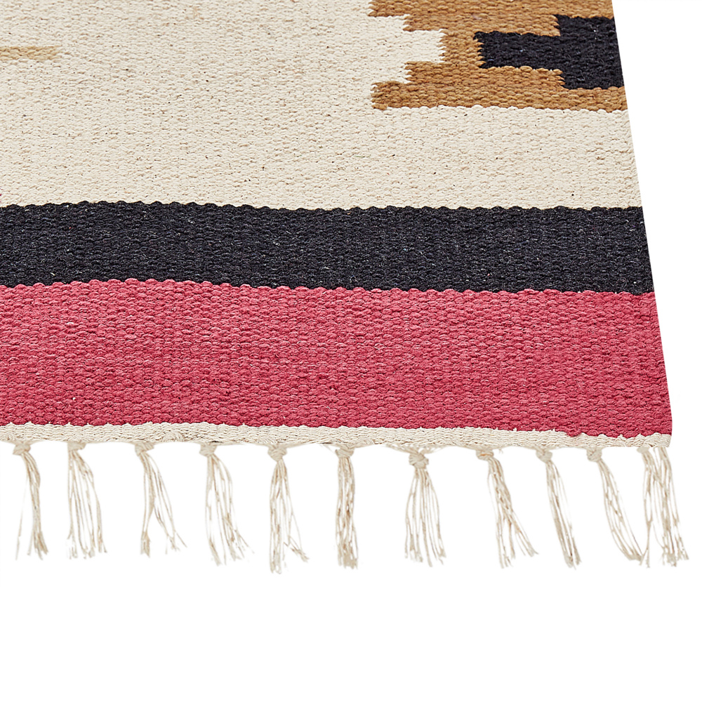 Tappeto Kilim in cotone tessuto a mano reversibile con motivo geometrico e nappe multicolore 80 x 300 cm soggiorno camera da letto