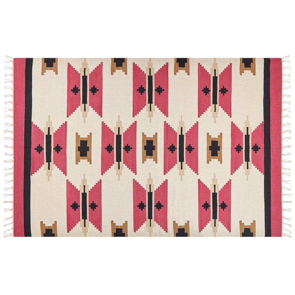 Tappeto Kilim in cotone tessuto a mano reversibile con motivo geometrico e nappe multicolore 200 x 300 cm soggiorno camera da letto