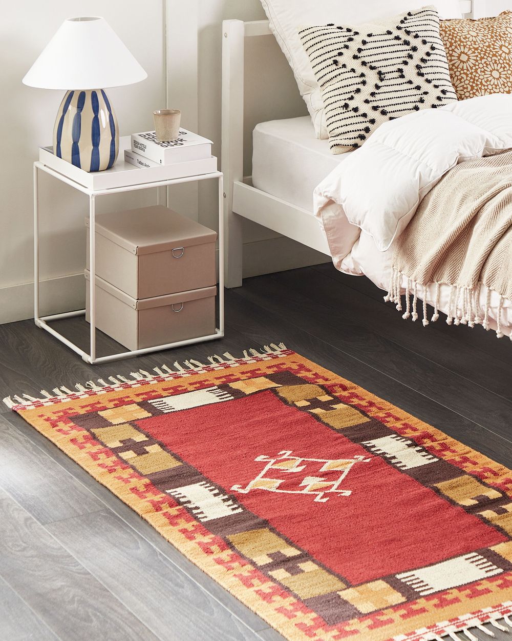 Tappeto Kilim in cotone tessuto a mano  reversibile con motivo geometrico e nappe multicolore 80 x 150 cm soggiorno camera da letto