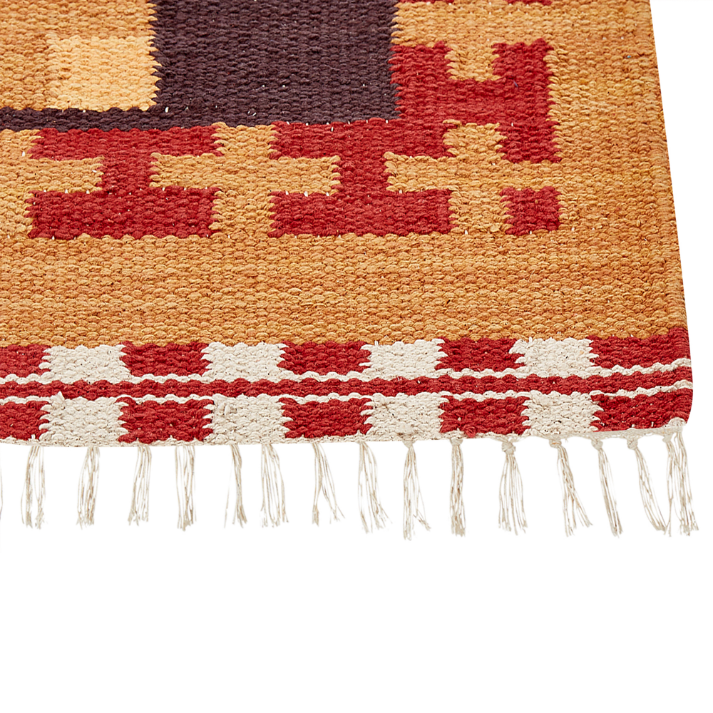 Tappeto Kilim in cotone tessuto a mano  reversibile con motivo geometrico e nappe multicolore 80 x 150 cm soggiorno camera da letto