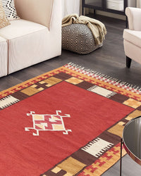 Tappeto Kilim in cotone tessuto a mano reversibile con motivo geometrico e nappe multicolore 140 x 200 cm soggiorno camera da letto