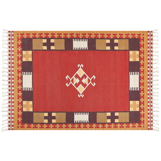 Tappeto Kilim in cotone tessuto a mano reversibile con motivo geometrico e nappe multicolore 160 x 230 cm soggiorno camera da letto