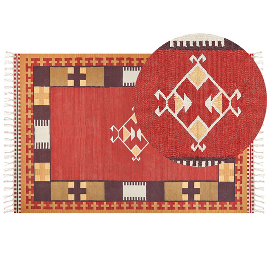 Tappeto Kilim in cotone tessuto a mano reversibile con motivo geometrico e nappe multicolore 200 x 300 cm soggiorno camera da letto