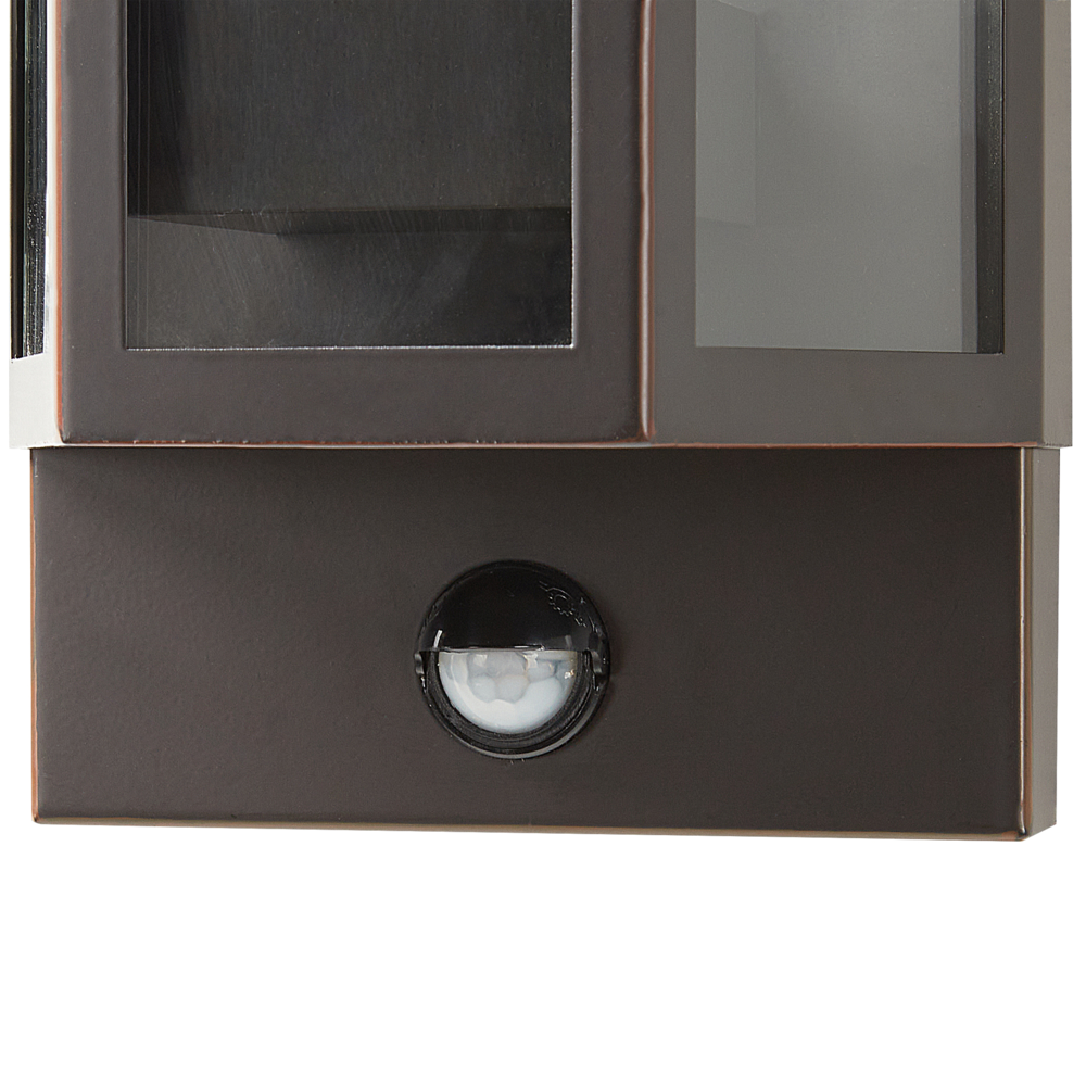 Lampada da parete esterna a LED in metallo marrone e vetro con sensore di movimento stile moderno