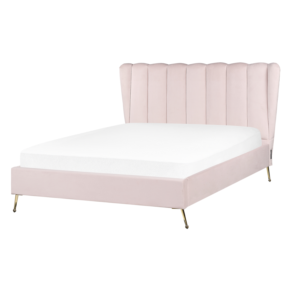 Letto in velluto rosa chiaro rivestito con gambe in metallo dorato UE Dimensioni doppie 140 x 200 cm con testata con porta USB Camera da letto moderna e glam.