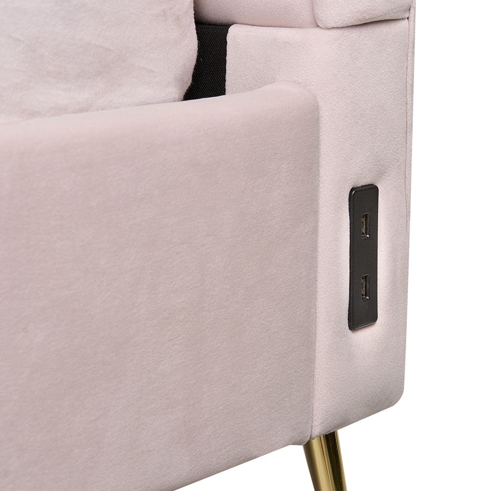 Letto in velluto rosa chiaro rivestito con gambe in metallo dorato UE Dimensioni doppie 140 x 200 cm con testata con porta USB Camera da letto moderna e glam.