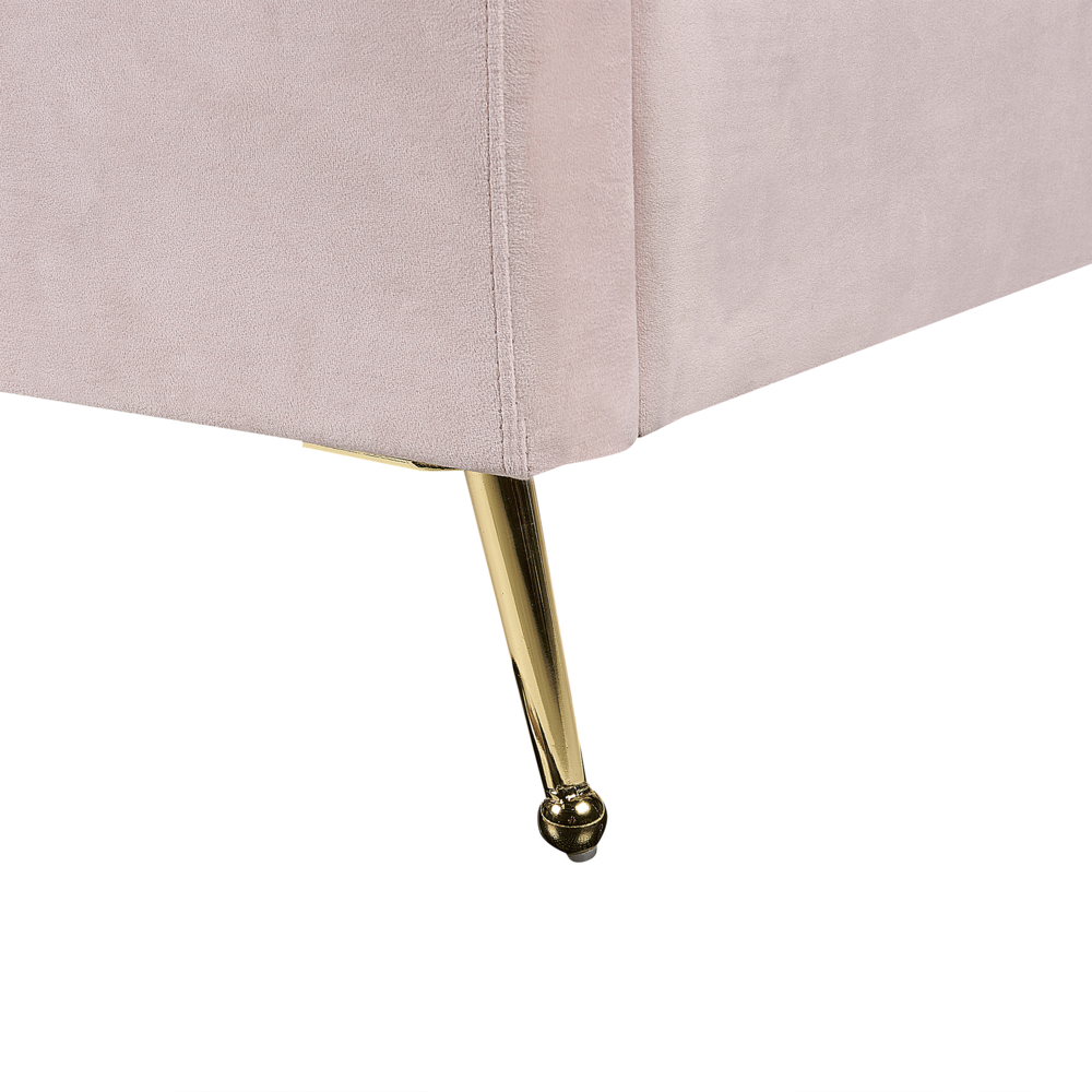 Letto in velluto rosa chiaro rivestito con gambe in metallo dorato UE Dimensioni doppie 140 x 200 cm con testata con porta USB Camera da letto moderna e glam.