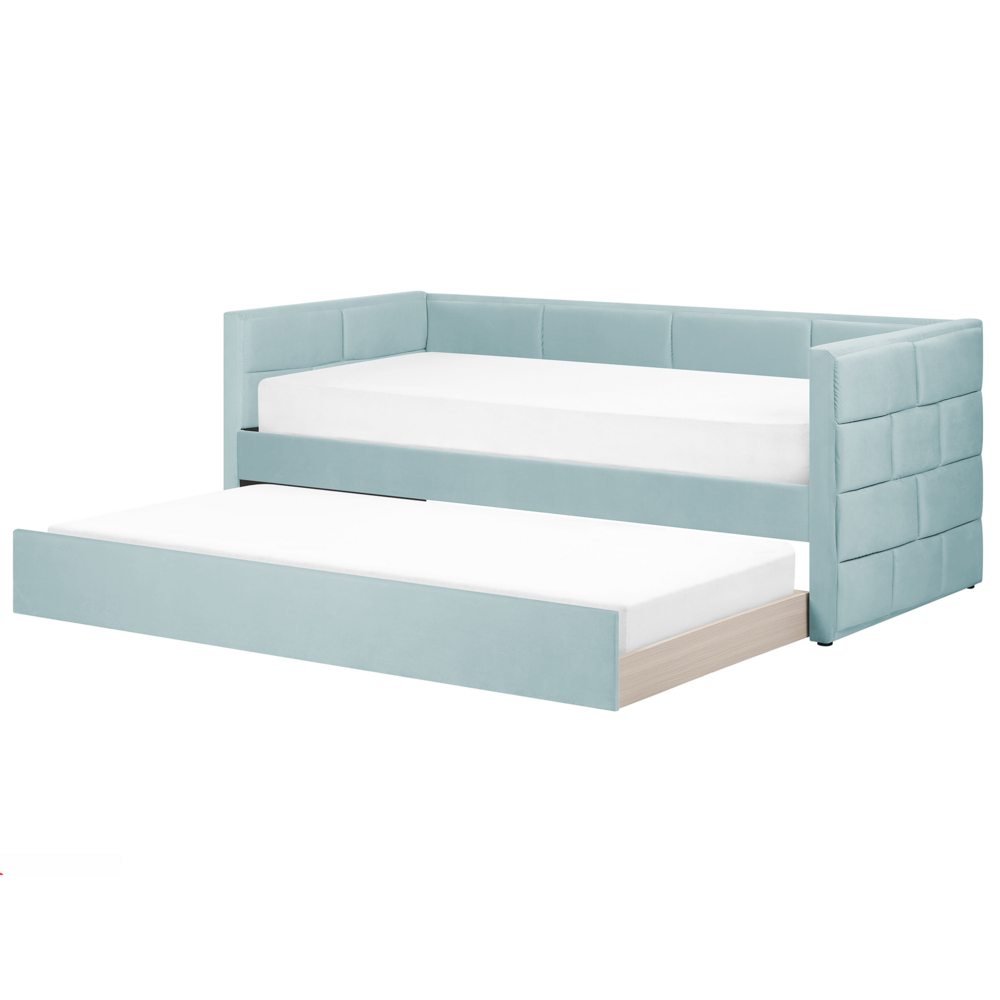 Letto singolo con secondo letto a scomparsa in velluto e telaio con doghe verde menta 90x200cm camera da letto cameretta