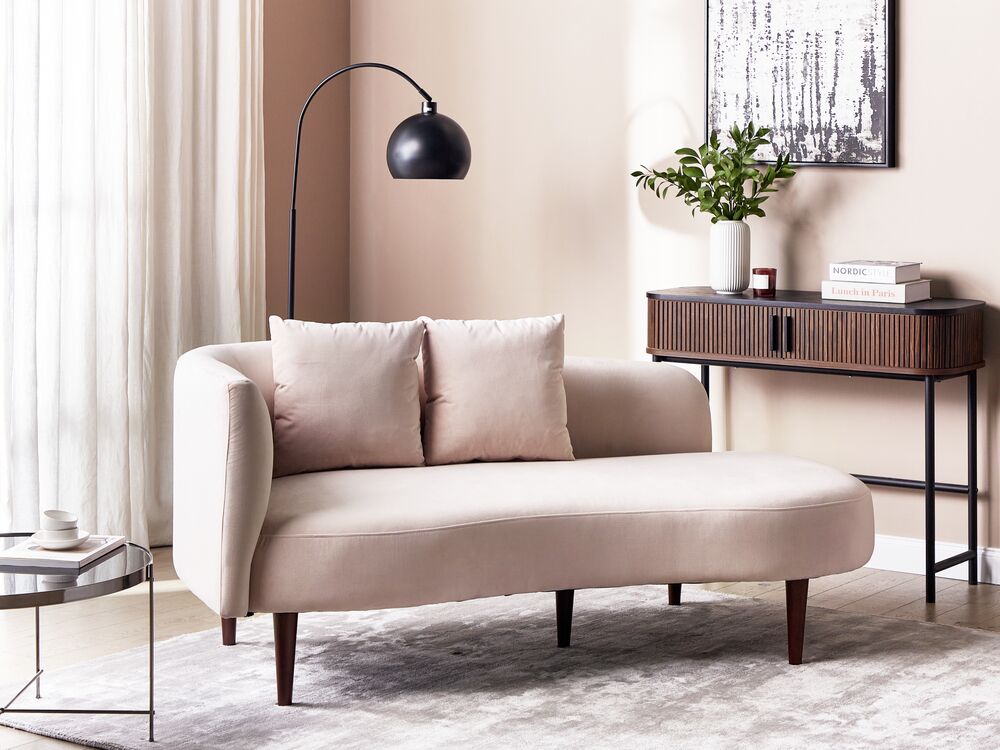 Chaise Lounge Rosa Velluto Rivestito a sinistra Gambe in legno scuro Cuscini extra Soggiorno Design Moderno