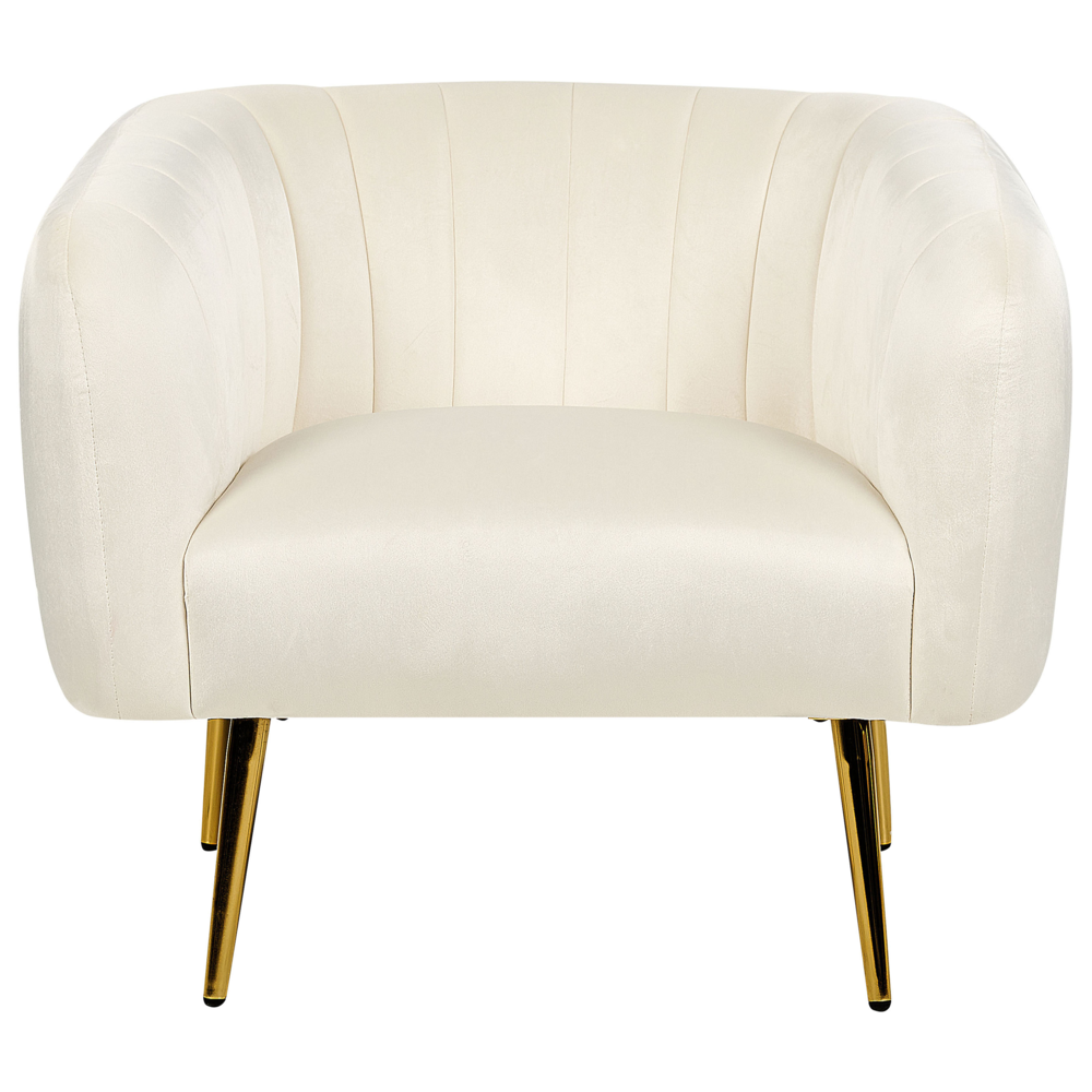 Poltrona Velluto Beige Chiaro Struttura in Metallo Dorato con Schienale Tondo Stile Glam
