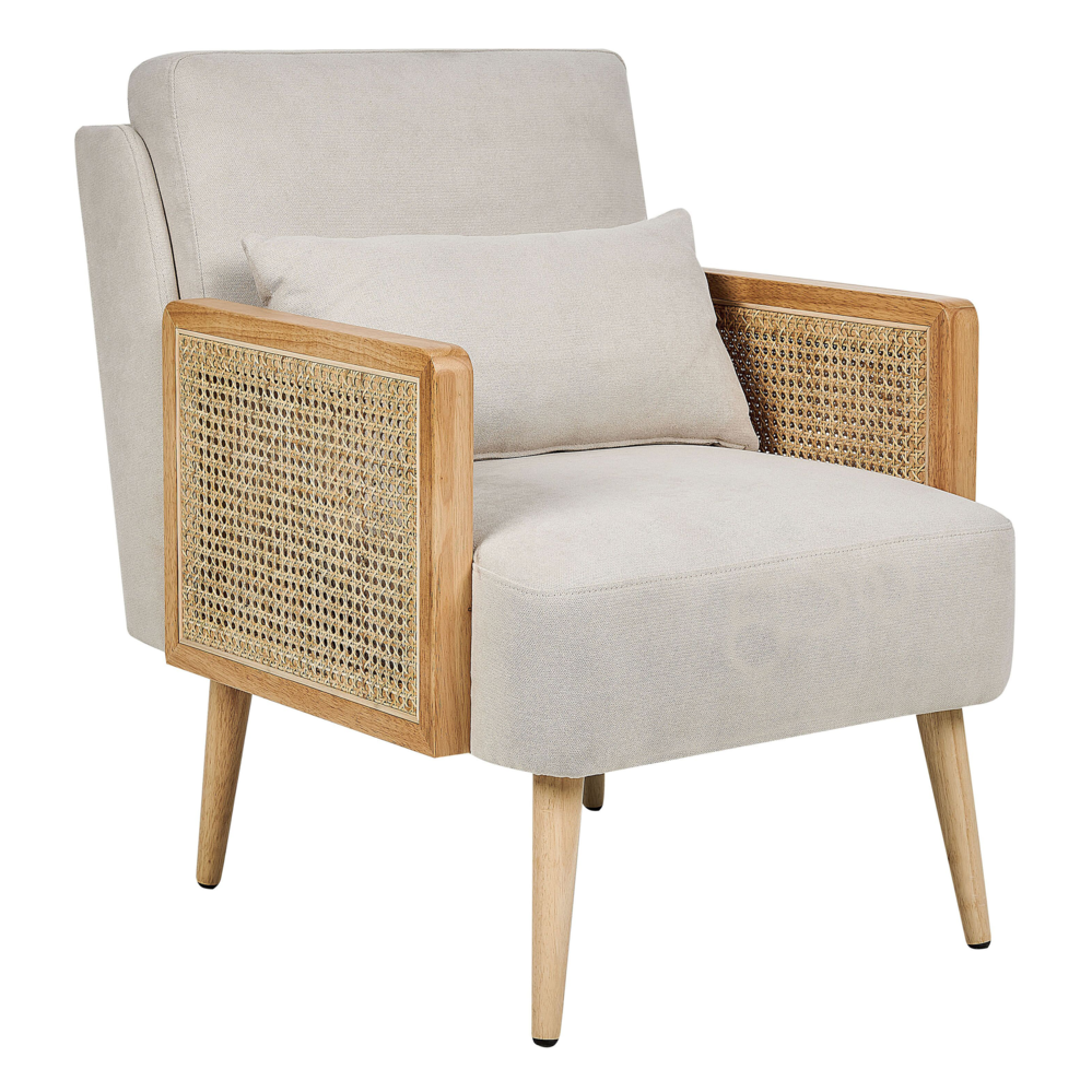 Poltrona Beige chiaro Poliestere Struttura in legno con intreccio in rattan Gambe in legno Tappi delle gambe in plastica con cuscino Stile tradizionale Soggiorno Camera da letto