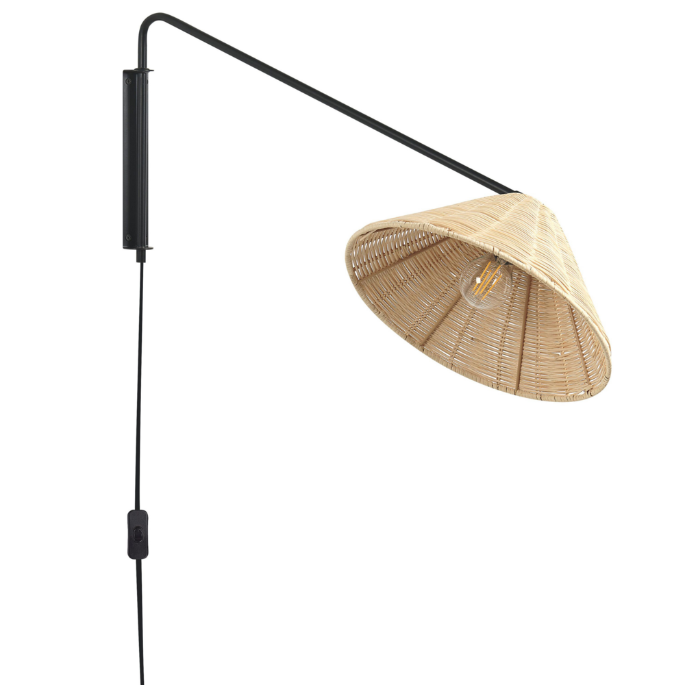 Lampada da parete in rattan naturale con paralume a cono da 33 cm Comodino Luce Camera da letto Soggiorno Boho Rustico