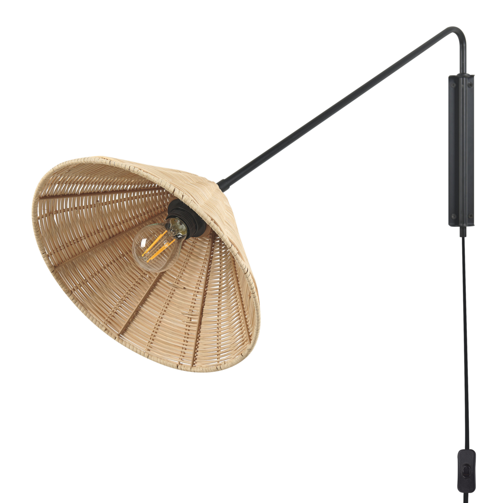 Lampada da parete in rattan naturale con paralume a cono da 33 cm Comodino Luce Camera da letto Soggiorno Boho Rustico