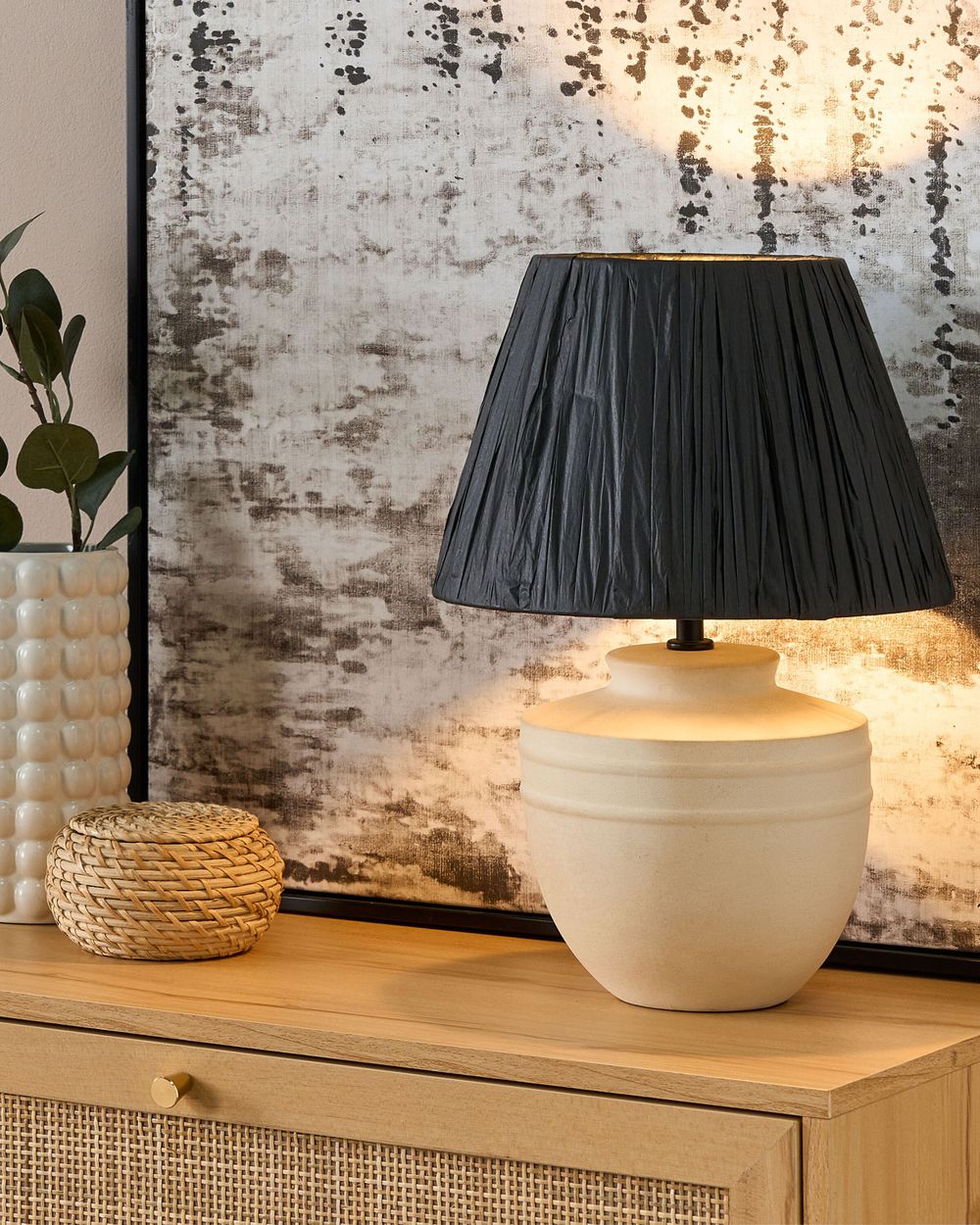 Lampada da tavolo Beige Ceramica 44 cm Paralume a cono in carta nera Comodino Soggiorno Camera da letto Illuminazione