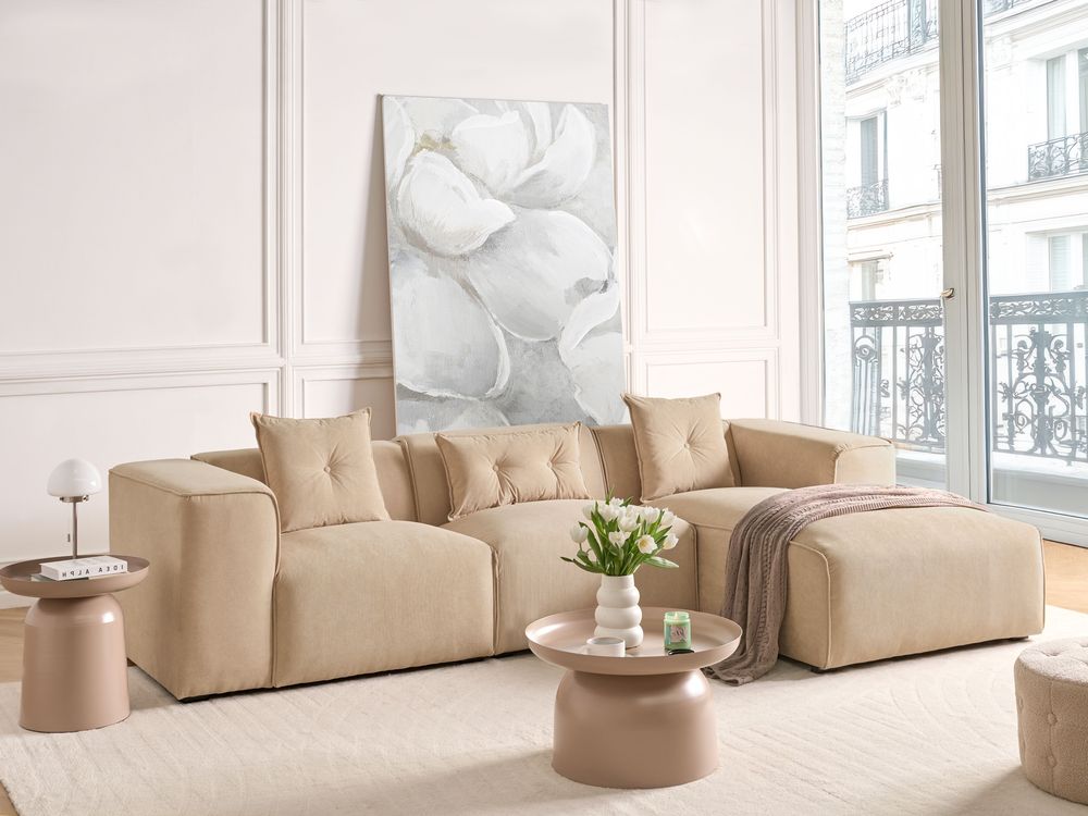 Divano Angolare Beige Velluto A Coste 3 Posti Cuscini Extra Dispersi versione sinistra stile Moderno