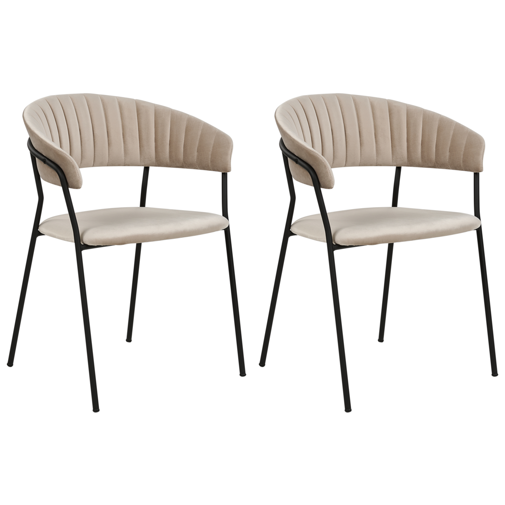 Set di 2 sedie da pranzo in tessuto vellutato grigio talpa Rivestimento in metallo nero Gambe con braccioli Schienale curvo Design moderno e contemporaneo