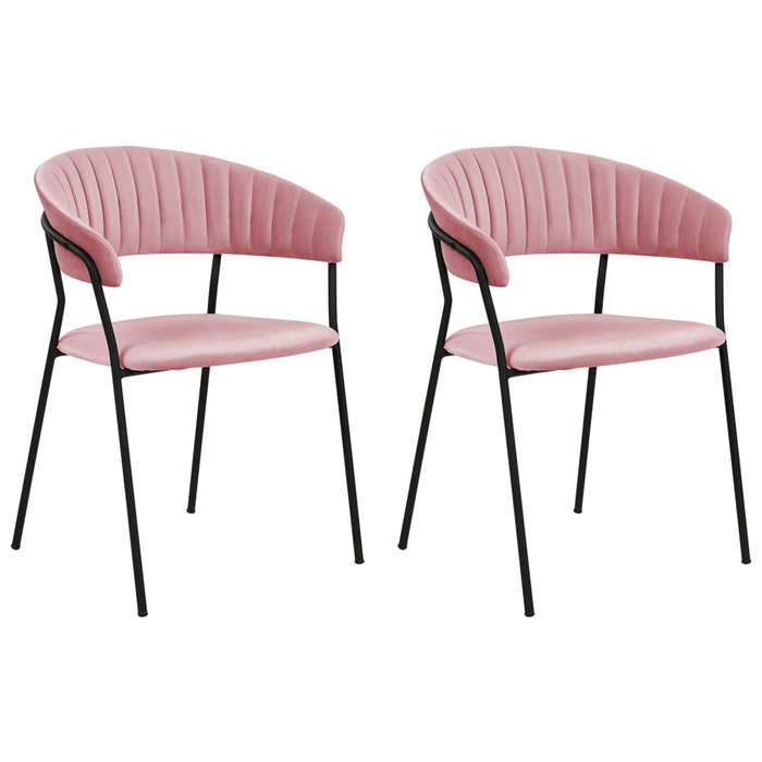 Set di 2 sedie da pranzo in tessuto vellutato rosa Rivestimento in metallo nero Gambe con braccioli Schienale curvo Design moderno e contemporaneo