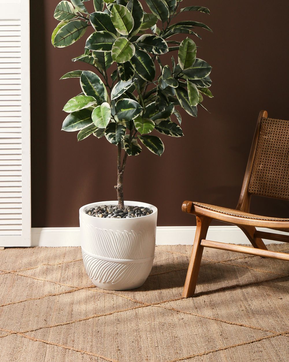 Vaso per piante da esterno in fibra di argilla bianca 35 x 35 x 33 cm Vaso rotondo resistente alle UC Motivo a foglie tradizionale