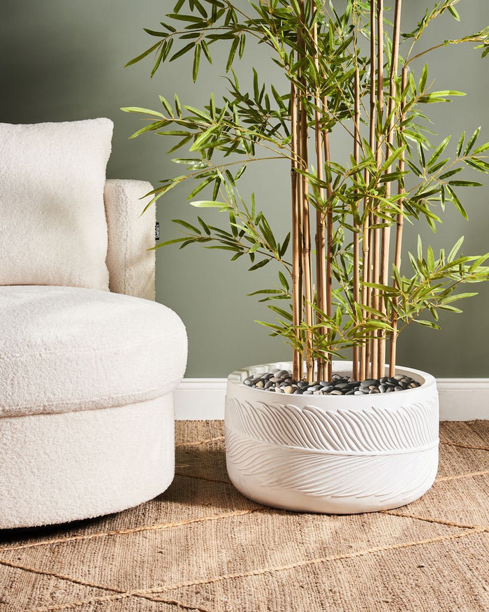 Vaso per piante da esterno in fibra di argilla bianco 43 x 43 x 23 cm Vaso rotondo resistente alle UC Motivo a foglie tradizionale