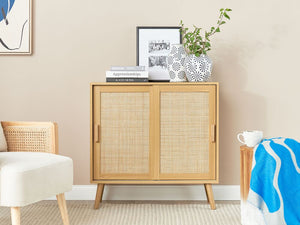 Credenza in truciolato di vimini e rattan con 2 ante e ripiani in legno chiaro camera da letto