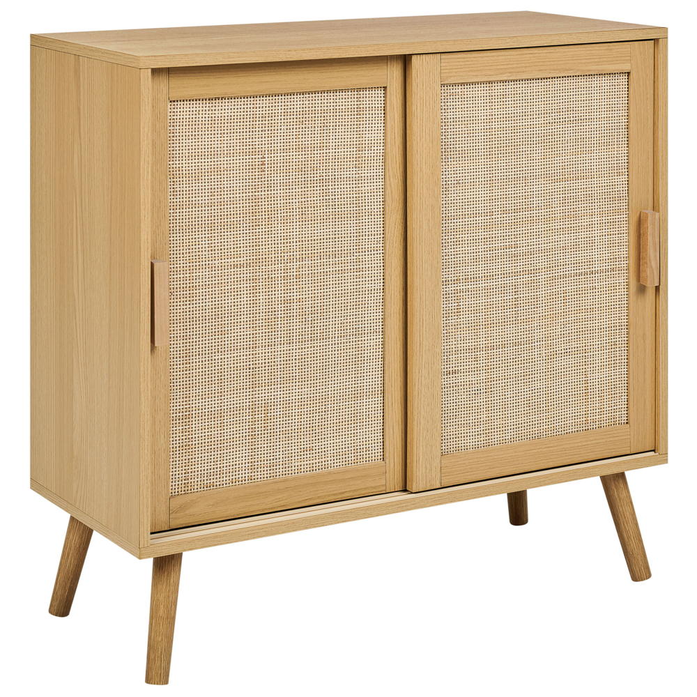 Credenza in truciolato di vimini e rattan con 2 ante e ripiani in legno chiaro camera da letto