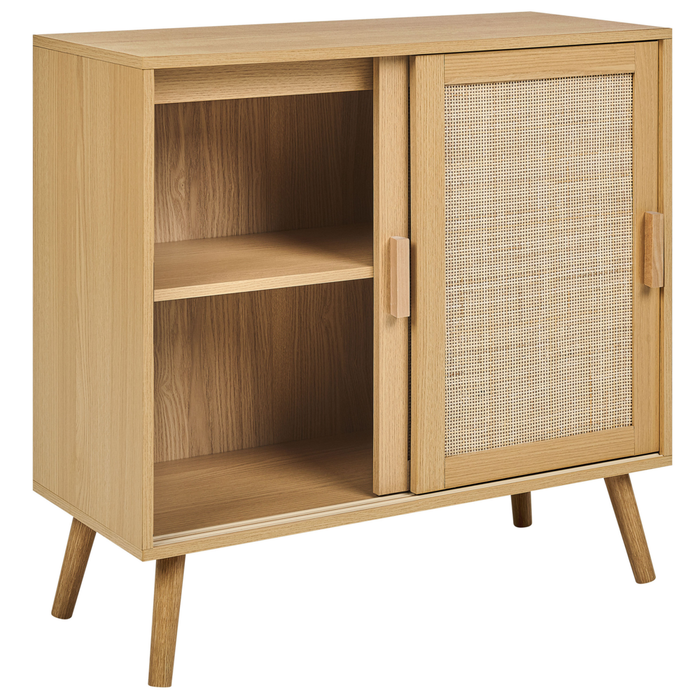 Credenza in truciolato di vimini e rattan con 2 ante e ripiani in legno chiaro camera da letto