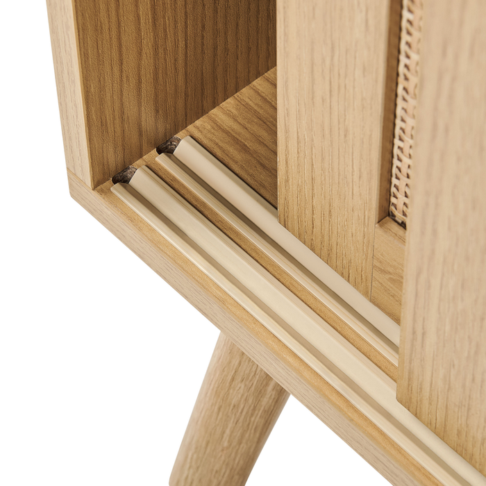 Credenza in truciolato di vimini e rattan con 2 ante e ripiani in legno chiaro camera da letto