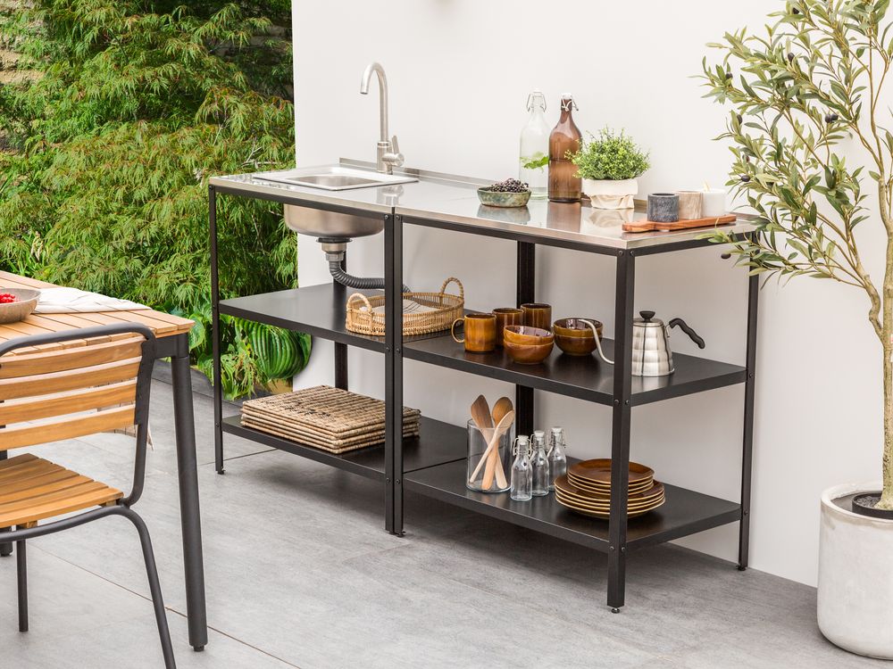Set di cucina da esterno 2 elementi in acciaio inox nero 2 isole da cucina lavello a leva cucina da esterno