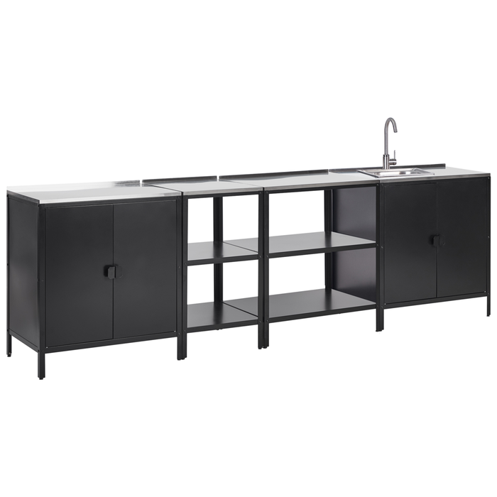 Set cucina da esterno 4 elementi in acciaio inox nero 2 armadietti da cucina 2 console portaoggetti con lavello cucina da esterno