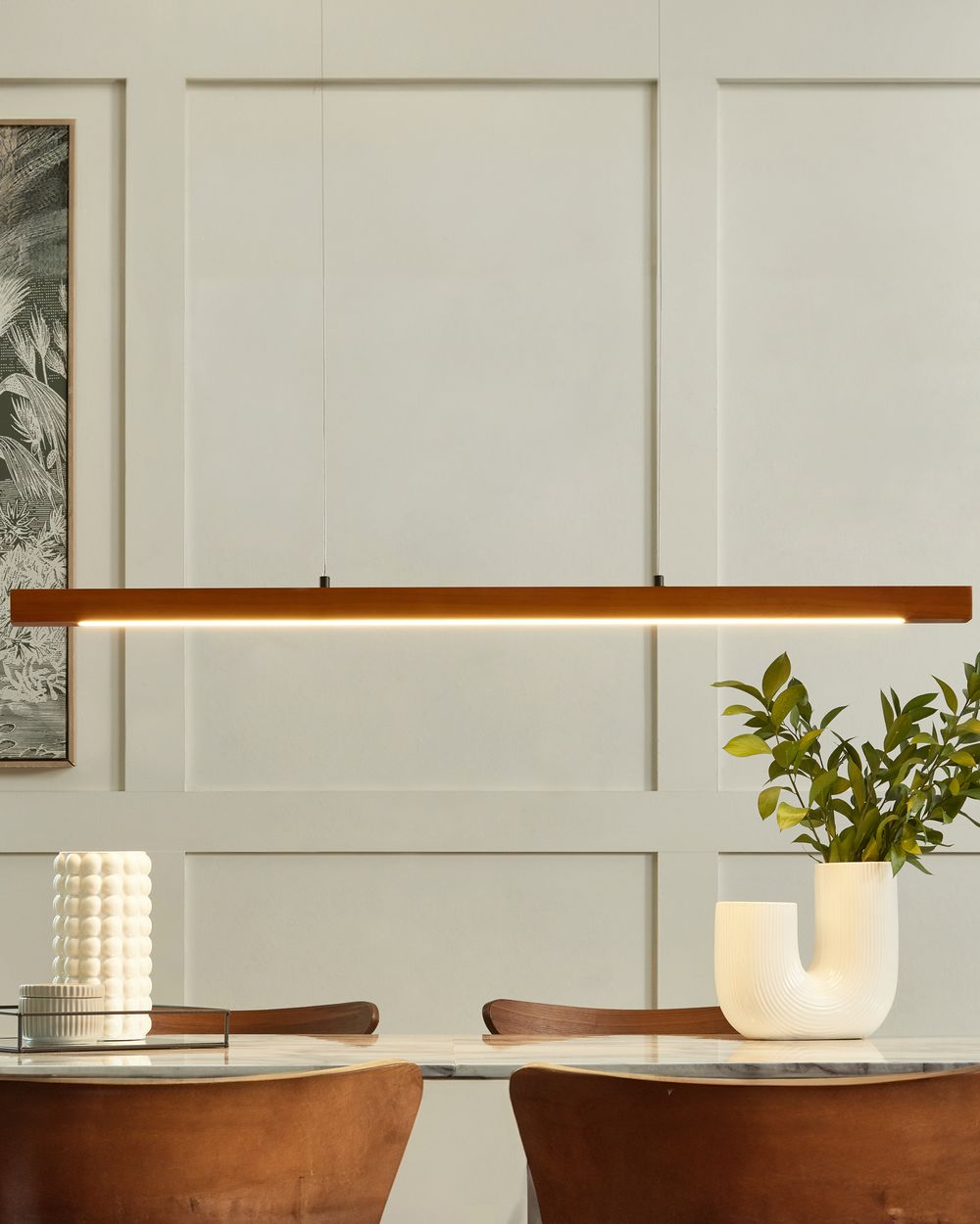 Lampada a sospensione con LED integrati e  paralumi in legno scuro stile retrò camera da letto