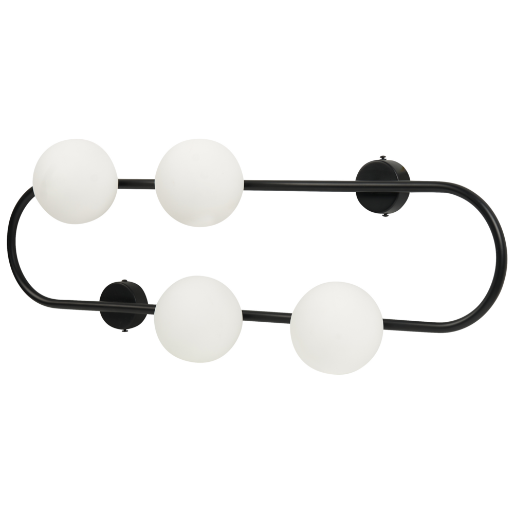 Lampada da parete con 4 luci a forma di globo e paralume in vetro base metallo nero opaco stile moderno