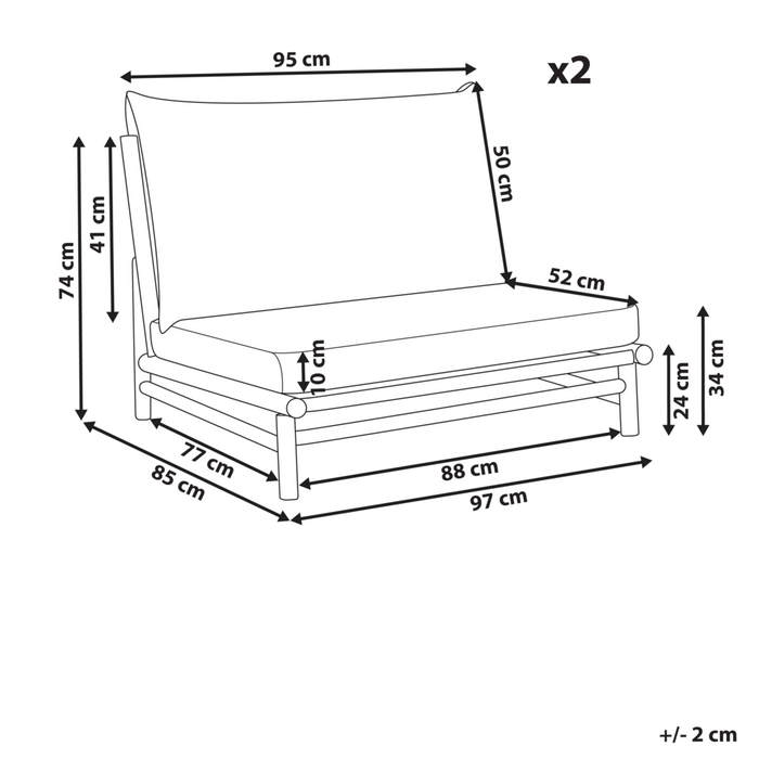 Set di 2 sedie in legno da giardino in bambù con cuscini color tortora interno ed esterno stile moderno rustico