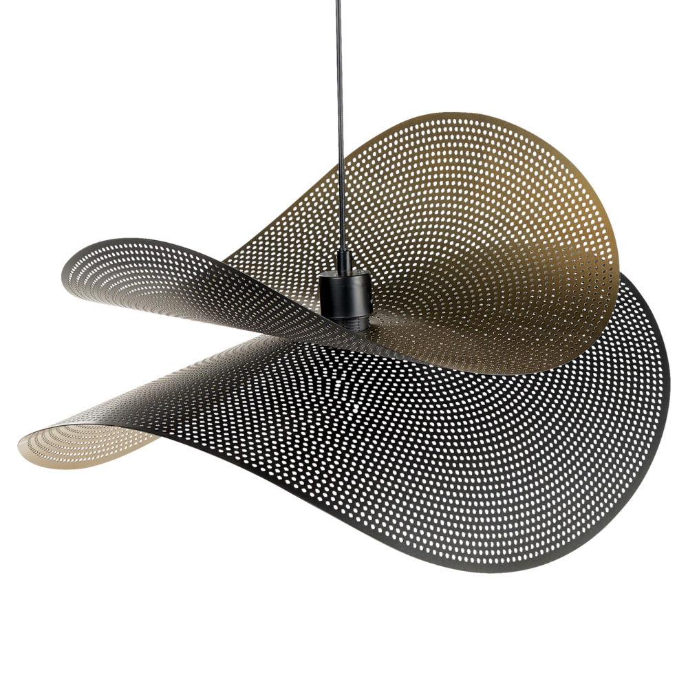 Lampada a sospensione Paralume curvo in metallo nero e oro Luce a sospensione d'accento traforata