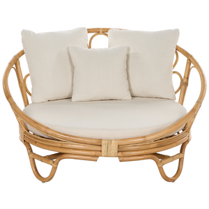 Lettino da esterno in rattan beige naturale con cuscini resistenti alle intemperie stile boho tradizionale