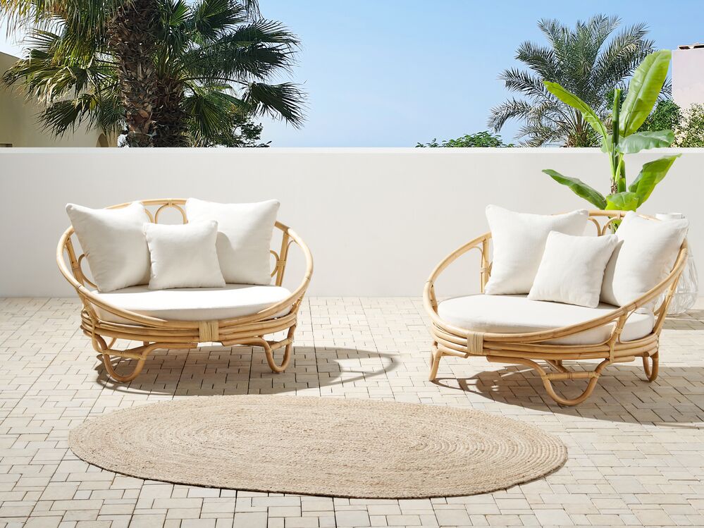 Set di 2 lettini da esterno in rattan beige naturale con cuscini resistenti stile boho tradizionale