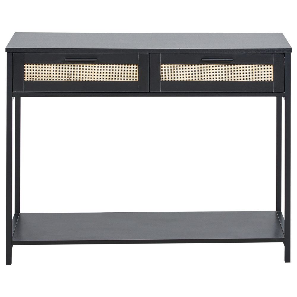 Tavolo Consolle Nero Legno di Fabbrica Gambe in Legno di Gomma Nero 2 Cassetti Fronti in Vimini Rattan Soggiorno Camera da Letto Corridoio Mobili Boho Design