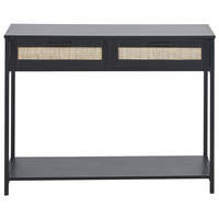 Tavolo Consolle Nero Legno di Fabbrica Gambe in Legno di Gomma Nero 2 Cassetti Fronti in Vimini Rattan Soggiorno Camera da Letto Corridoio Mobili Boho Design