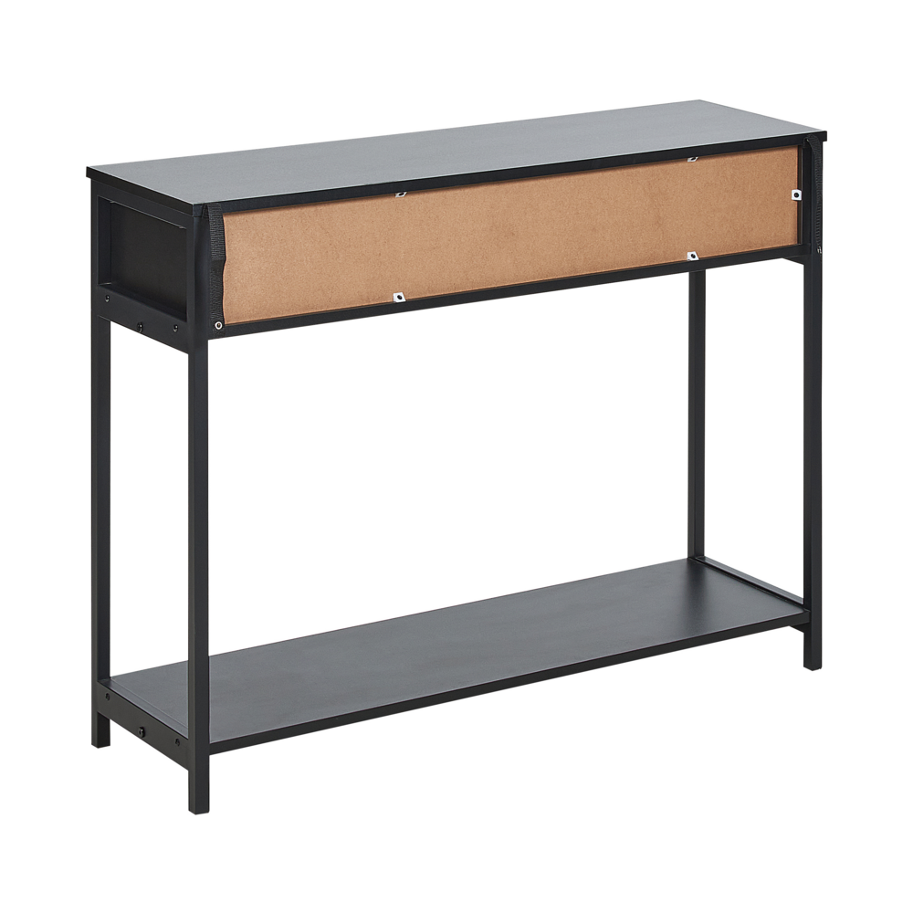 Tavolo Consolle Nero Legno di Fabbrica Gambe in Legno di Gomma Nero 2 Cassetti Fronti in Vimini Rattan Soggiorno Camera da Letto Corridoio Mobili Boho Design