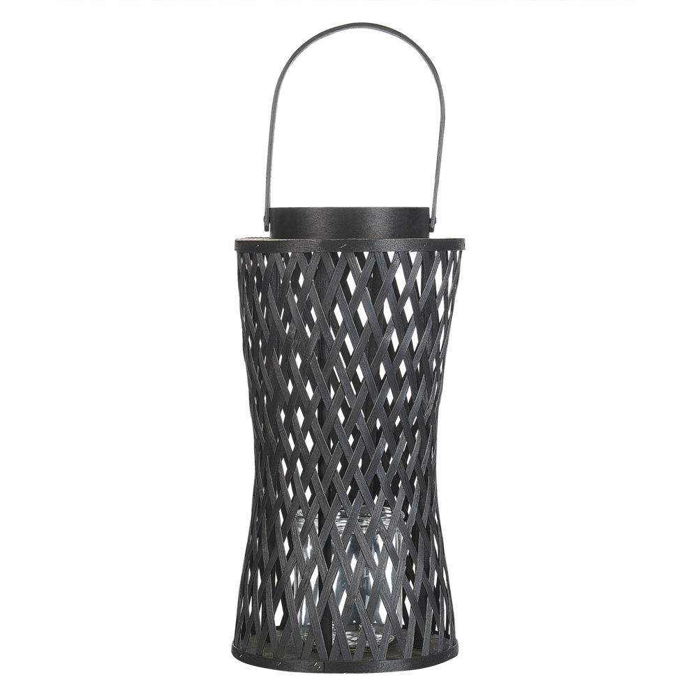 Lanterna a candela in legno di bambù nero da 38 cm con portacandele in vetro in stile Boho per interni