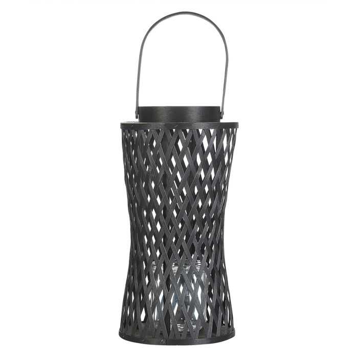 Lanterna a candela in legno di bambù nero da 38 cm con portacandele in vetro in stile Boho per interni