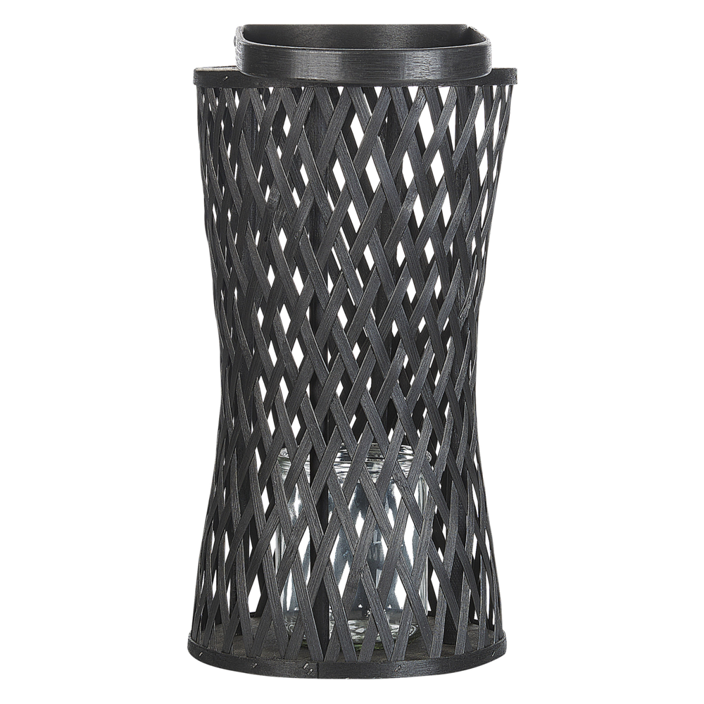 Lanterna a candela in legno di bambù nero da 38 cm con portacandele in vetro in stile Boho per interni