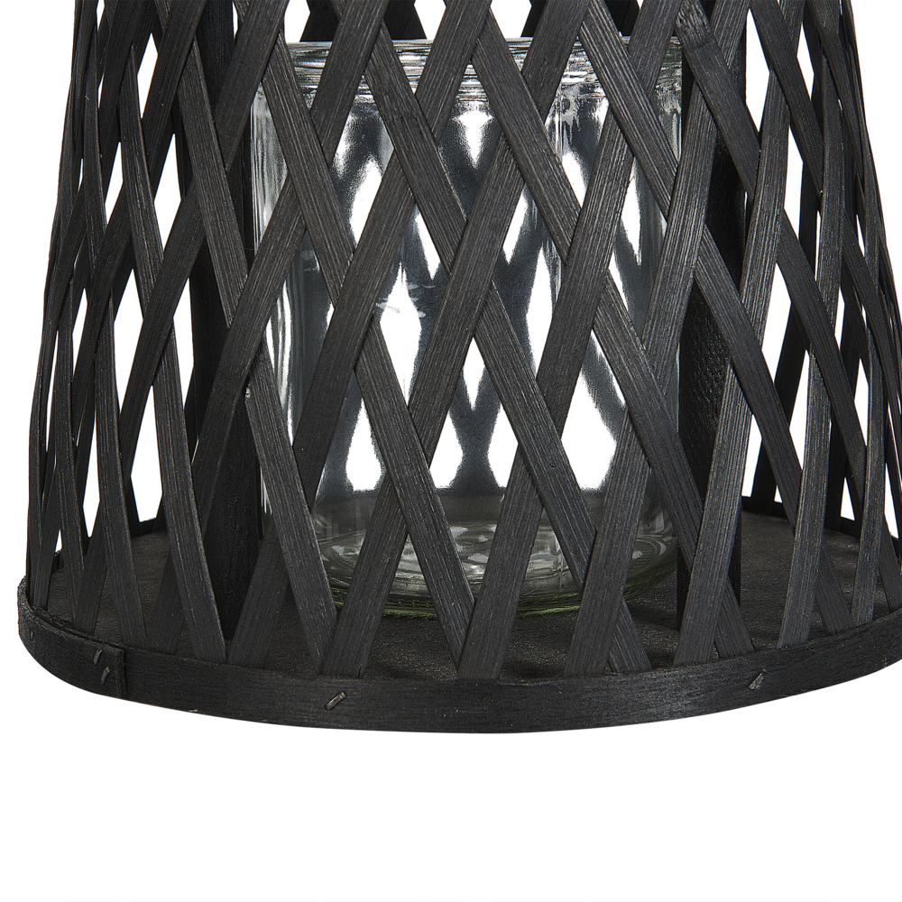 Lanterna a candela in legno di bambù nero da 38 cm con portacandele in vetro in stile Boho per interni