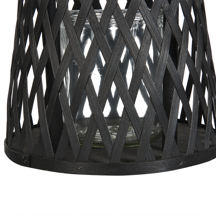 Lanterna a candela in legno di bambù nero da 38 cm con portacandele in vetro in stile Boho per interni