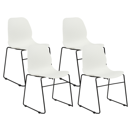 Set di 4 sedie da pranzo Bianco Impilabili in plastica Gambe in acciaio nero Sedia da conferenza Design scandinavo moderno contemporaneo Sedute per la sala da pranzo