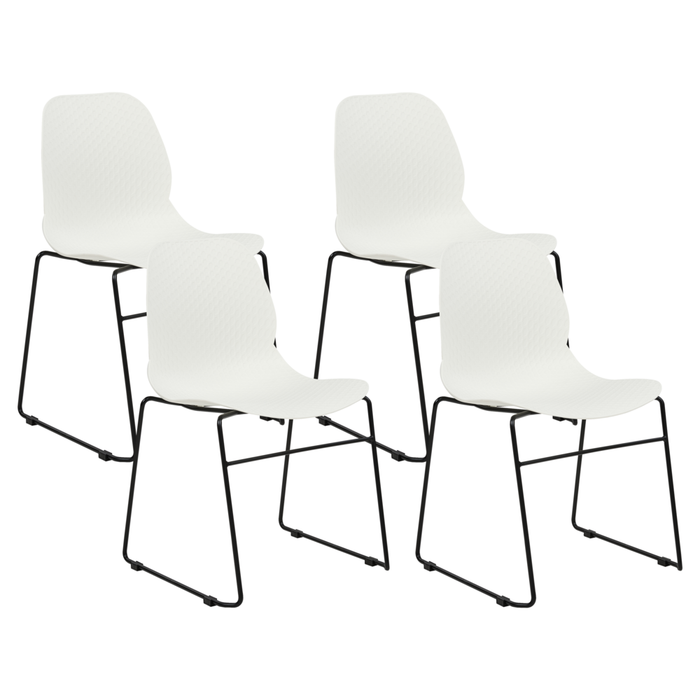 Set di 4 sedie da pranzo Bianco Impilabili in plastica Gambe in acciaio nero Sedia da conferenza Design scandinavo moderno contemporaneo Sedute per la sala da pranzo