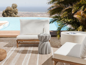 Tavolino d'angolo Grigio MgO Fibra di vetro Piano rotondo Forma a clessidra Macchia UV Ruggine Acqua Resistente al vento Soggiorno moderno all'aperto