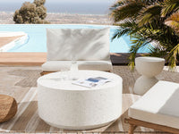 Tavolino da salotto bianco con effetto terrazzo in fibra di vetro MgO con piano rotondo resistente alle macchie UV, alla ruggine, all'acqua e al vento, moderno per esterni.