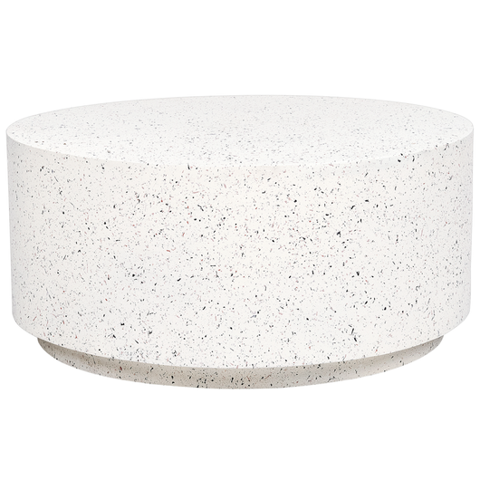 Tavolino da salotto bianco con effetto terrazzo in fibra di vetro MgO con piano rotondo resistente alle macchie UV, alla ruggine, all'acqua e al vento, moderno per esterni.